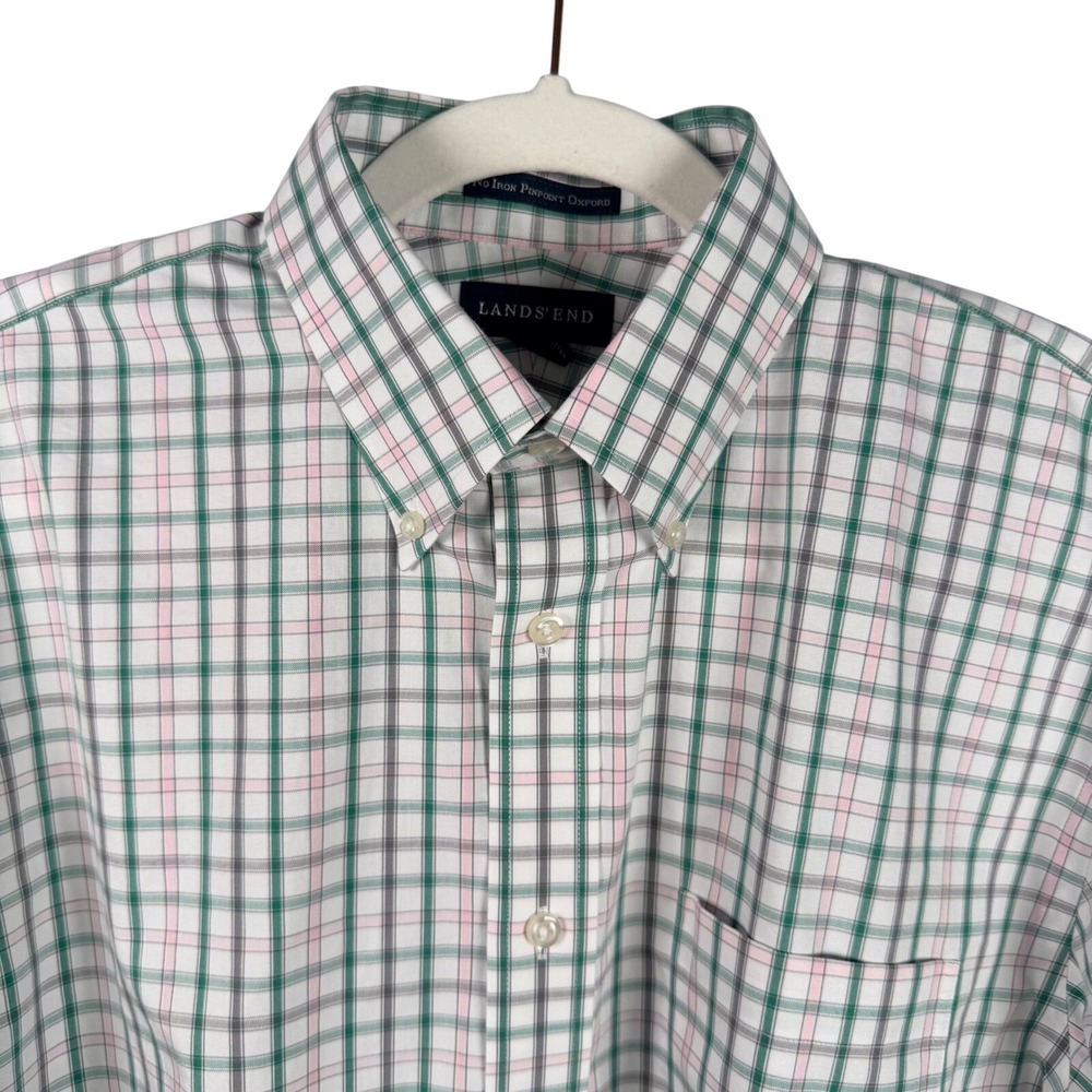 Lands End 15.5 33 No Iron Pinpoint Oxford Shirt Green Pink Plaid Button Down OBD